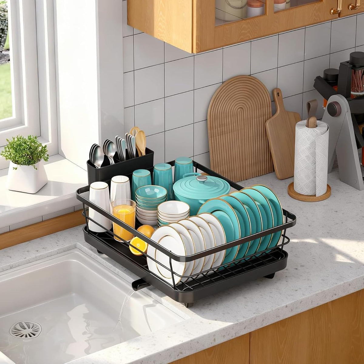 Anti-Rust Dish Drying Rack with Drainboard – Kitchen Utensil & Cutlery Organizer :f