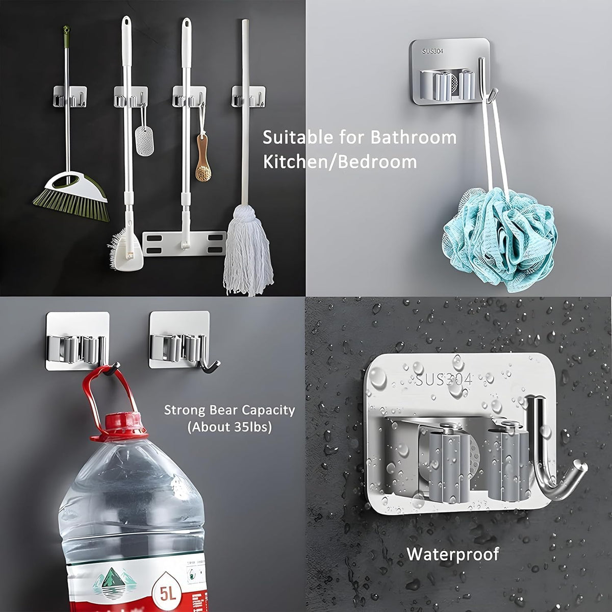 Self-Adhesive Mop and Broom Hanger – Stainless Steel Cleaning Accessories Organizer :f