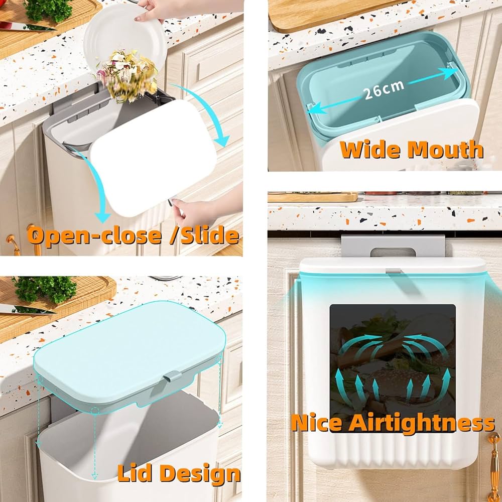 Multipurpose Hanging Garbage Bin – Kitchen Cabinet Door Trash Can with Lid (7L): f