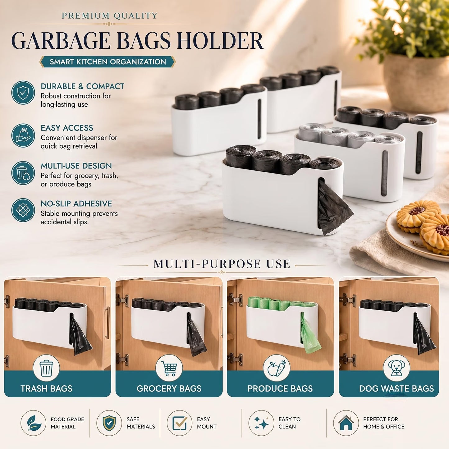 Wall Mounted Garbage Bag Holder & Dispenser | Kitchen Cabinet Trash Bag Organizer :f