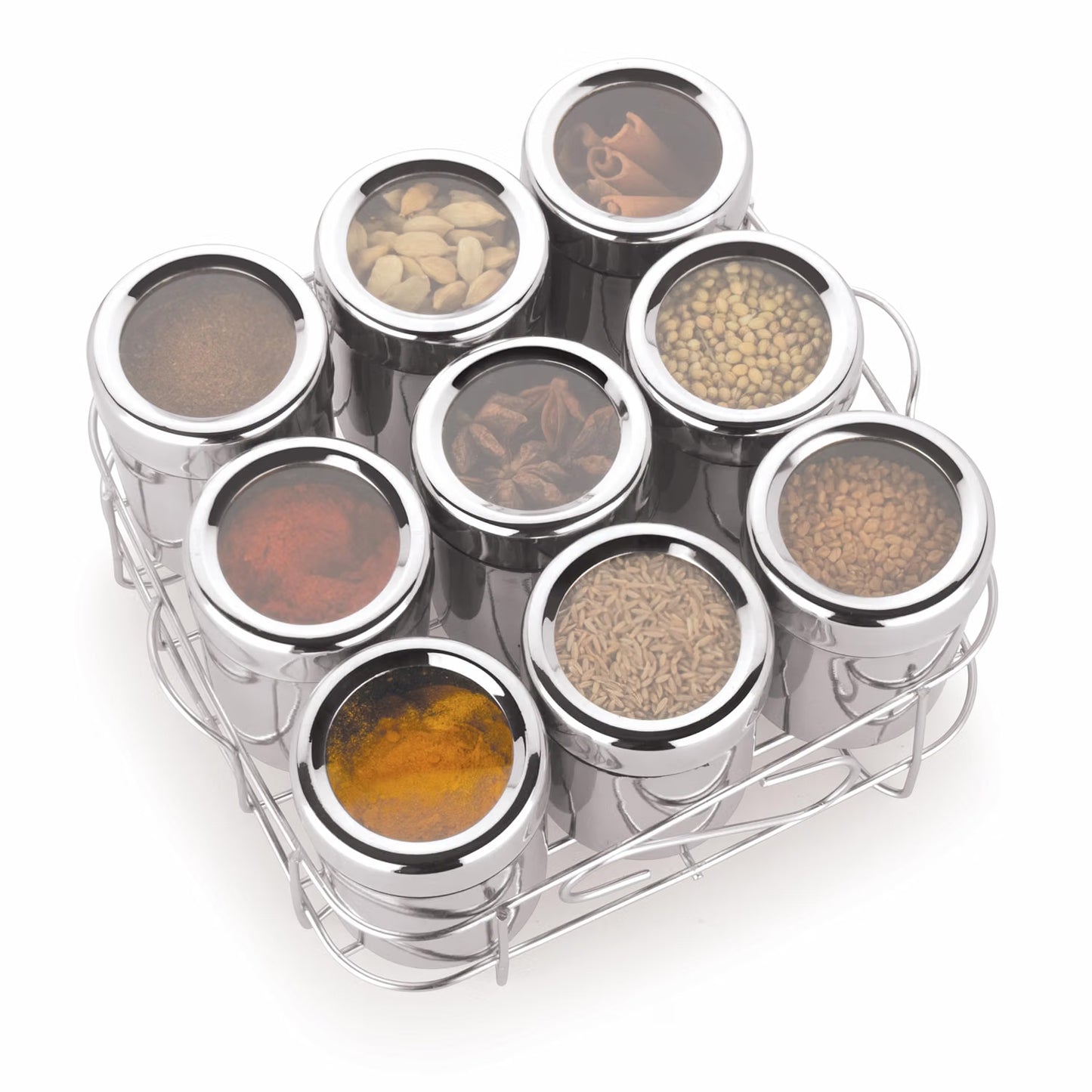 Kitchen Masala Spice Box with Stainless Steel Jars & Rack – Compact Spice Organizer :f