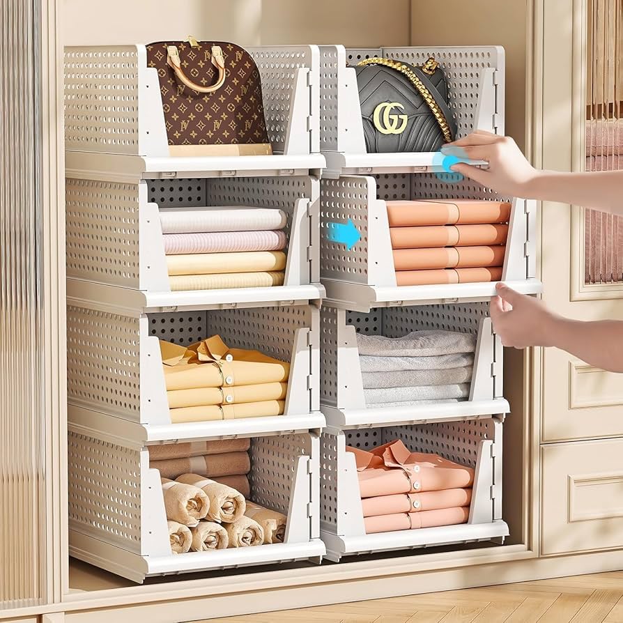 Foldable Clothes Organizer for Wardrobe – Stackable Storage Rack for Clothes, T-Shirts, Pants & Linen :f