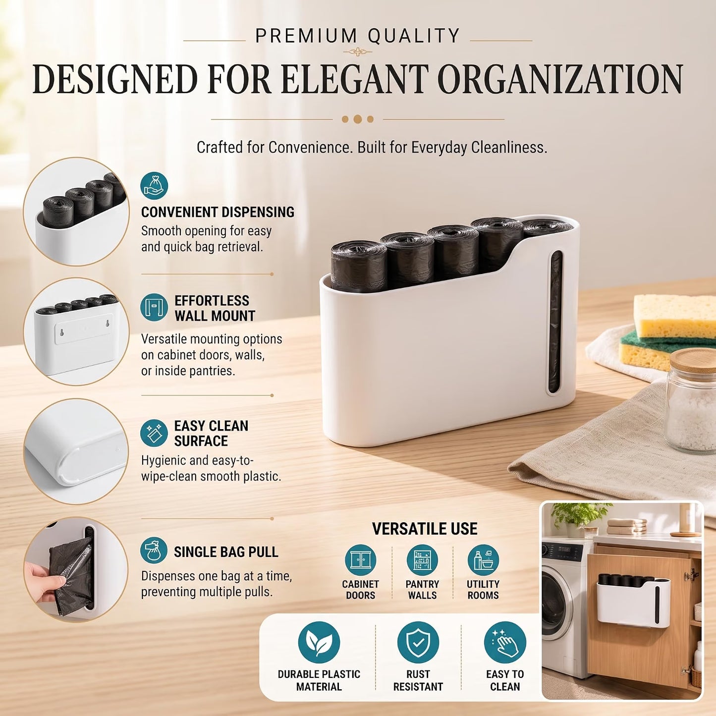 Wall Mounted Garbage Bag Holder & Dispenser | Kitchen Cabinet Trash Bag Organizer :f