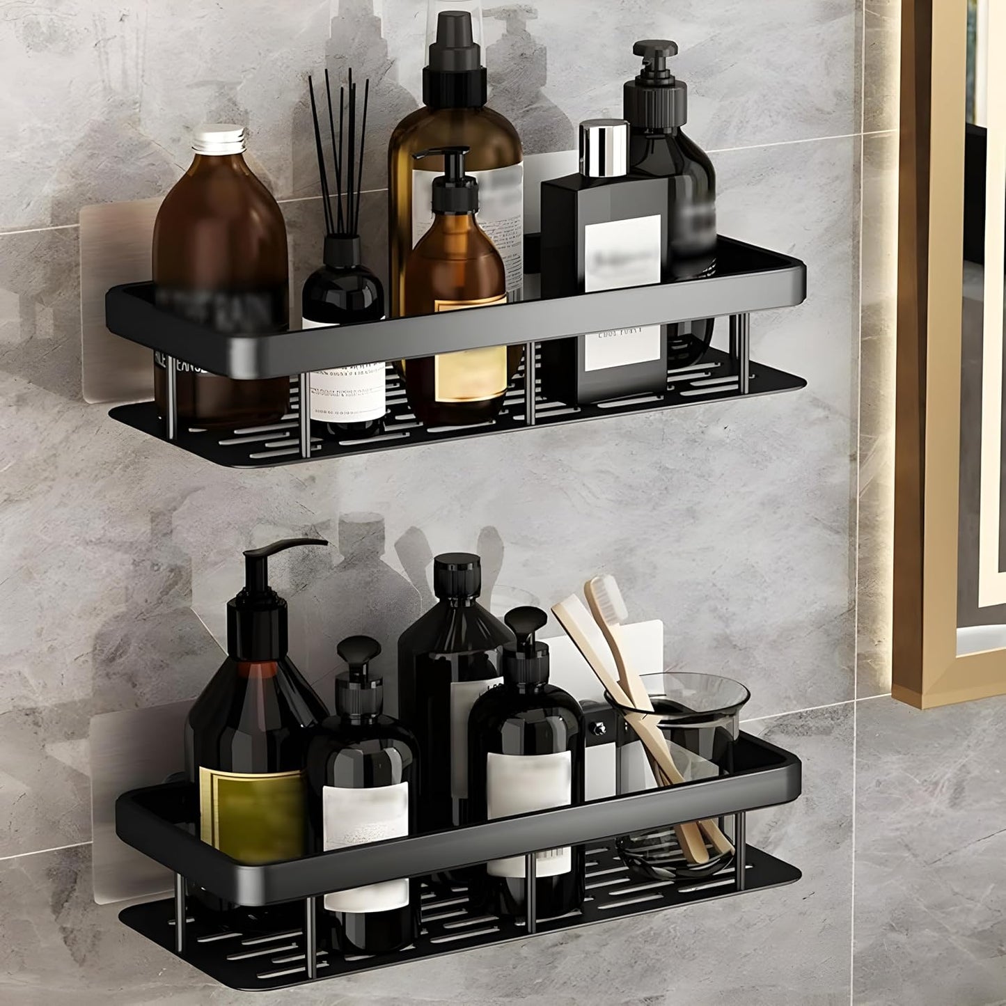 Premium Metal Home & Bathroom Wall Shelf Organiser, Black. -g