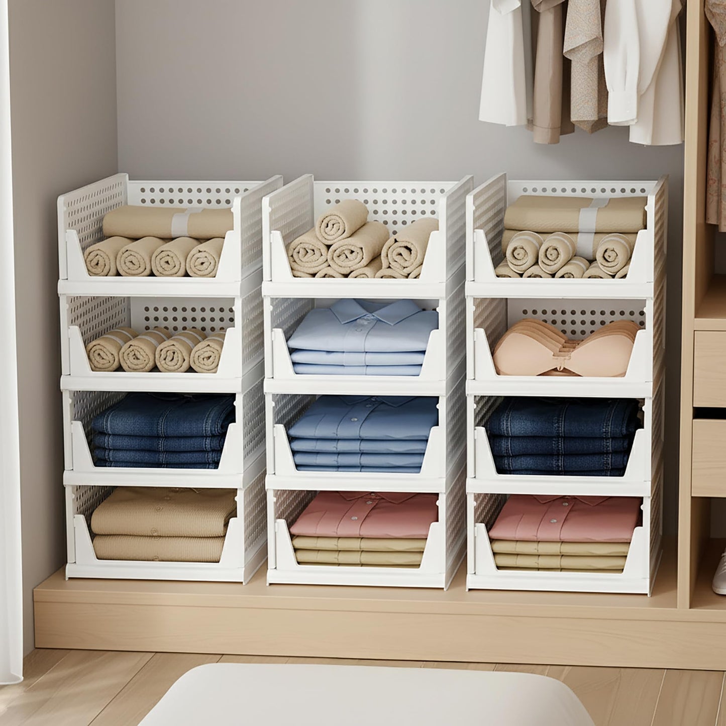Foldable Clothes Organizer for Wardrobe – Stackable Storage Rack for Clothes, T-Shirts, Pants & Linen :f