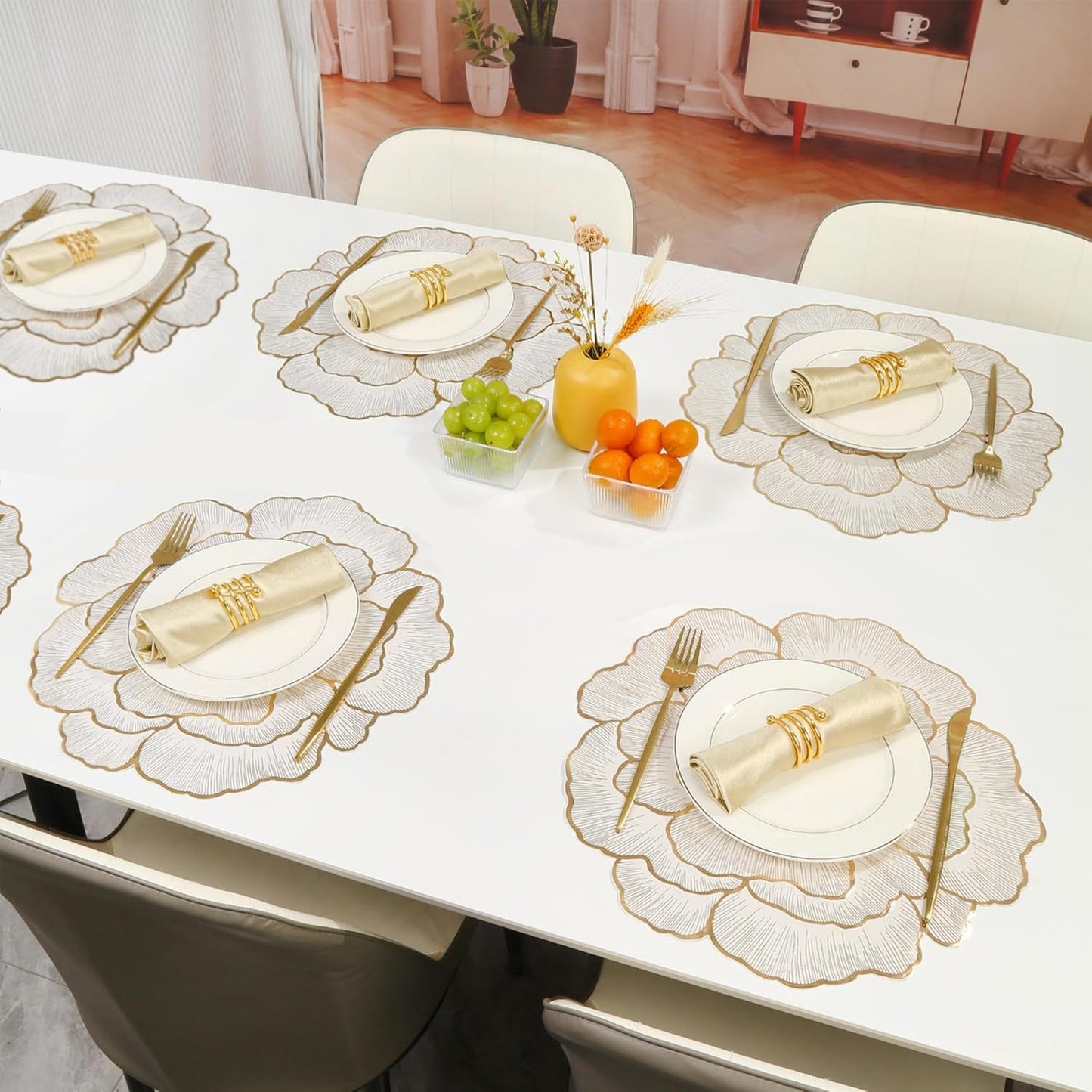 Luxury Floral Golden Round PVC Placemat | Waterproof & Anti-Skid;g