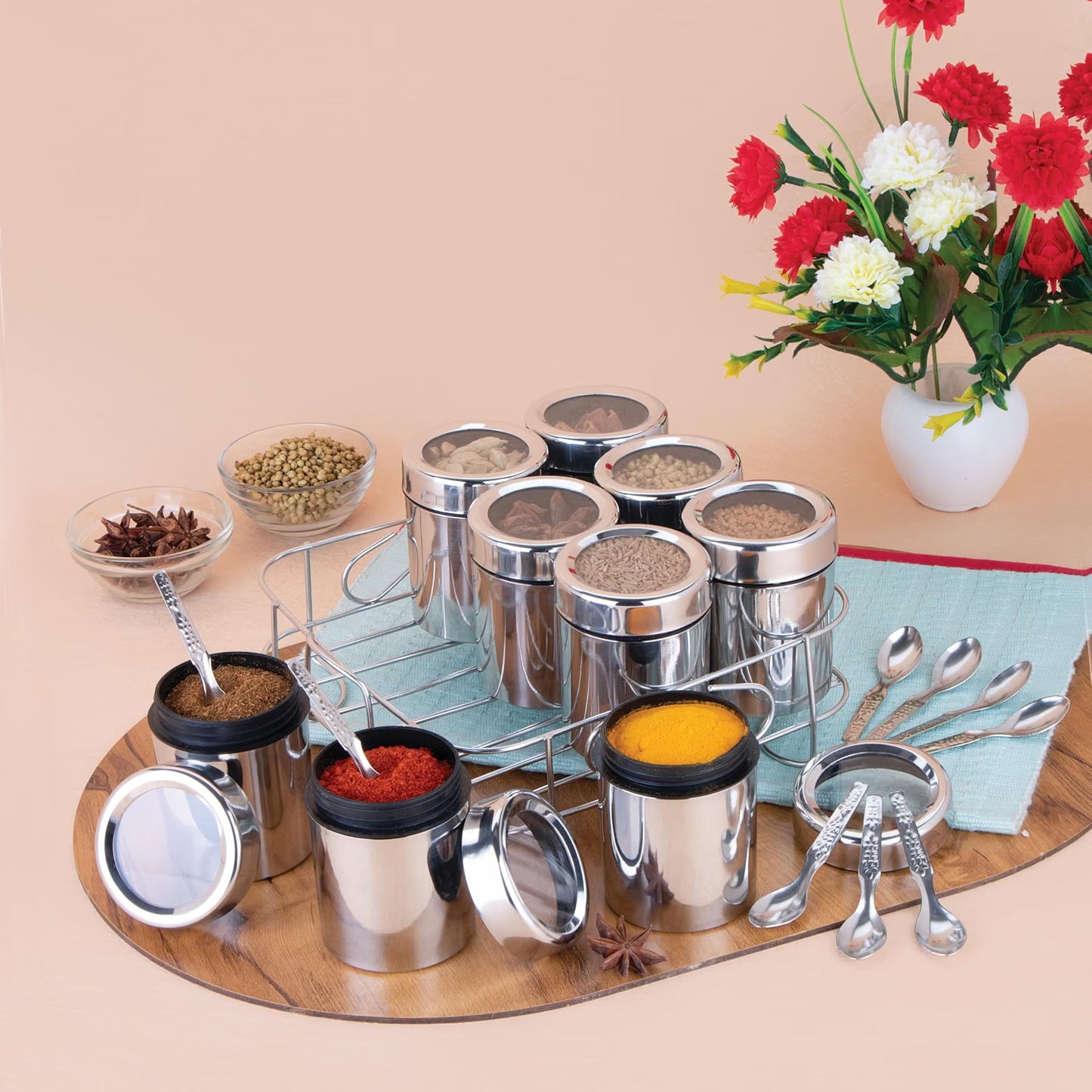 Kitchen Masala Spice Box with Stainless Steel Jars & Rack – Compact Spice Organizer :f