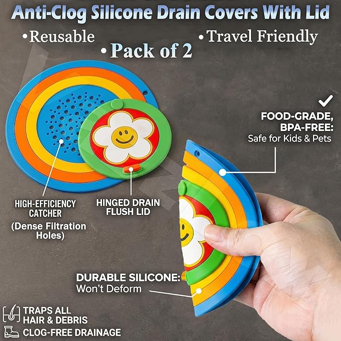 Premium 2-in-1 Silicone Drain Cover – Hair Catcher, Stopper & Odor/Insect Blocker for Bathroom & Kitchen (Pack of 2): f