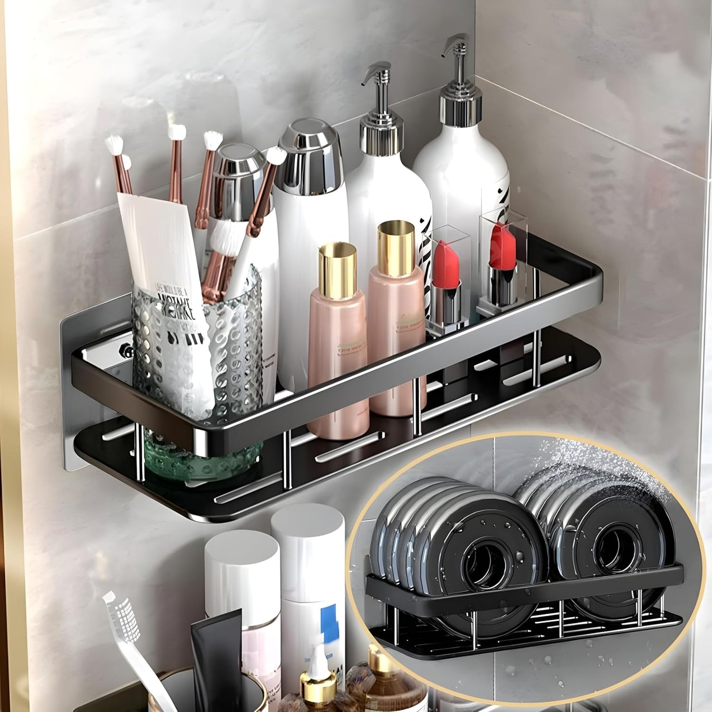 Premium Metal Home & Bathroom Wall Shelf Organiser, Black. -g
