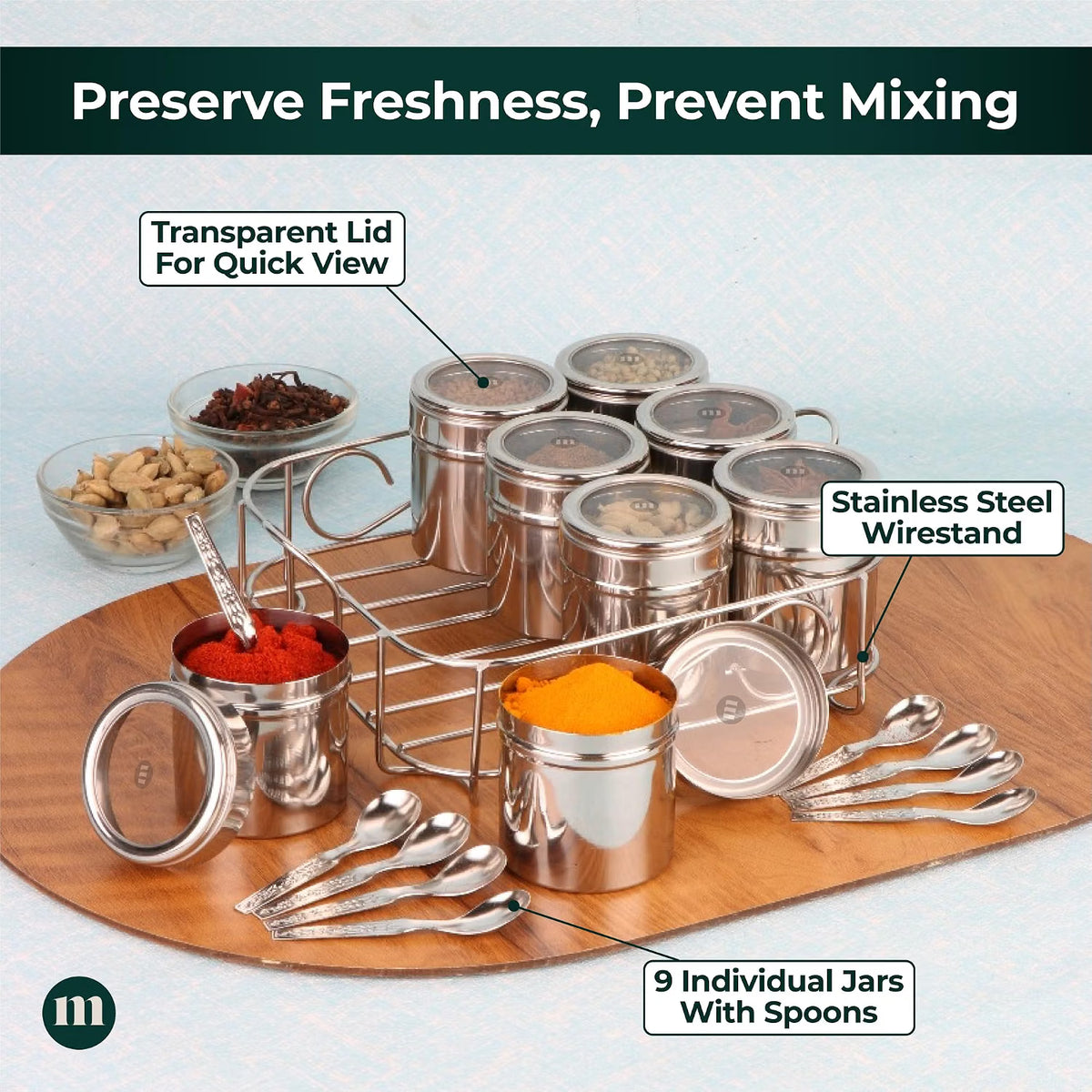Kitchen Masala Spice Box with Stainless Steel Jars & Rack – Compact Spice Organizer :f