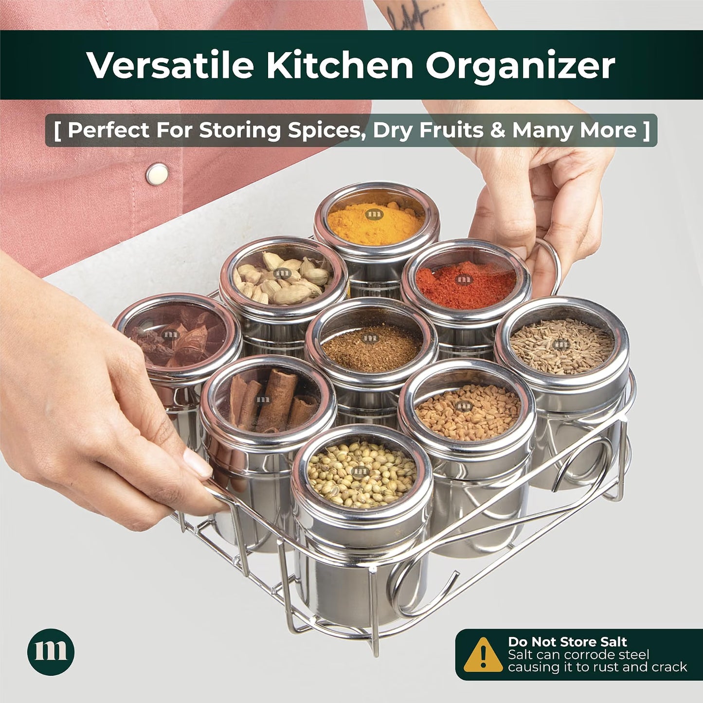 Kitchen Masala Spice Box with Stainless Steel Jars & Rack – Compact Spice Organizer :f