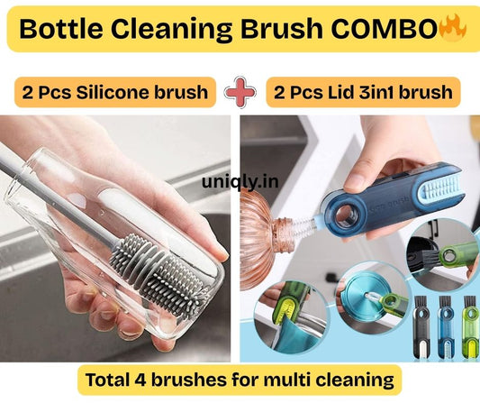 Bottle Cleaning Brush Combo- 2 long silicone brush + 2 bottle lid cleaning brush .f