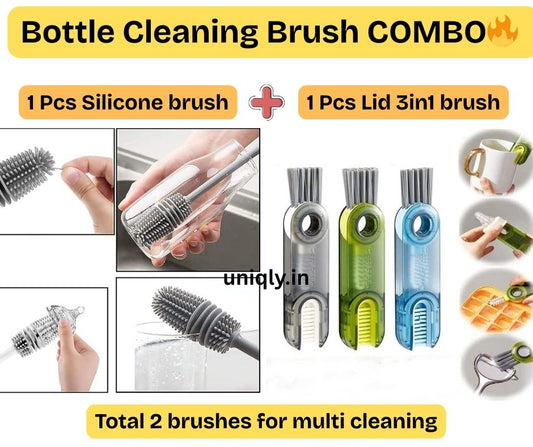 Bottle Cleaning Brush Combo- 1 long silicone brush + 1 bottle lid cleaning brush .g
