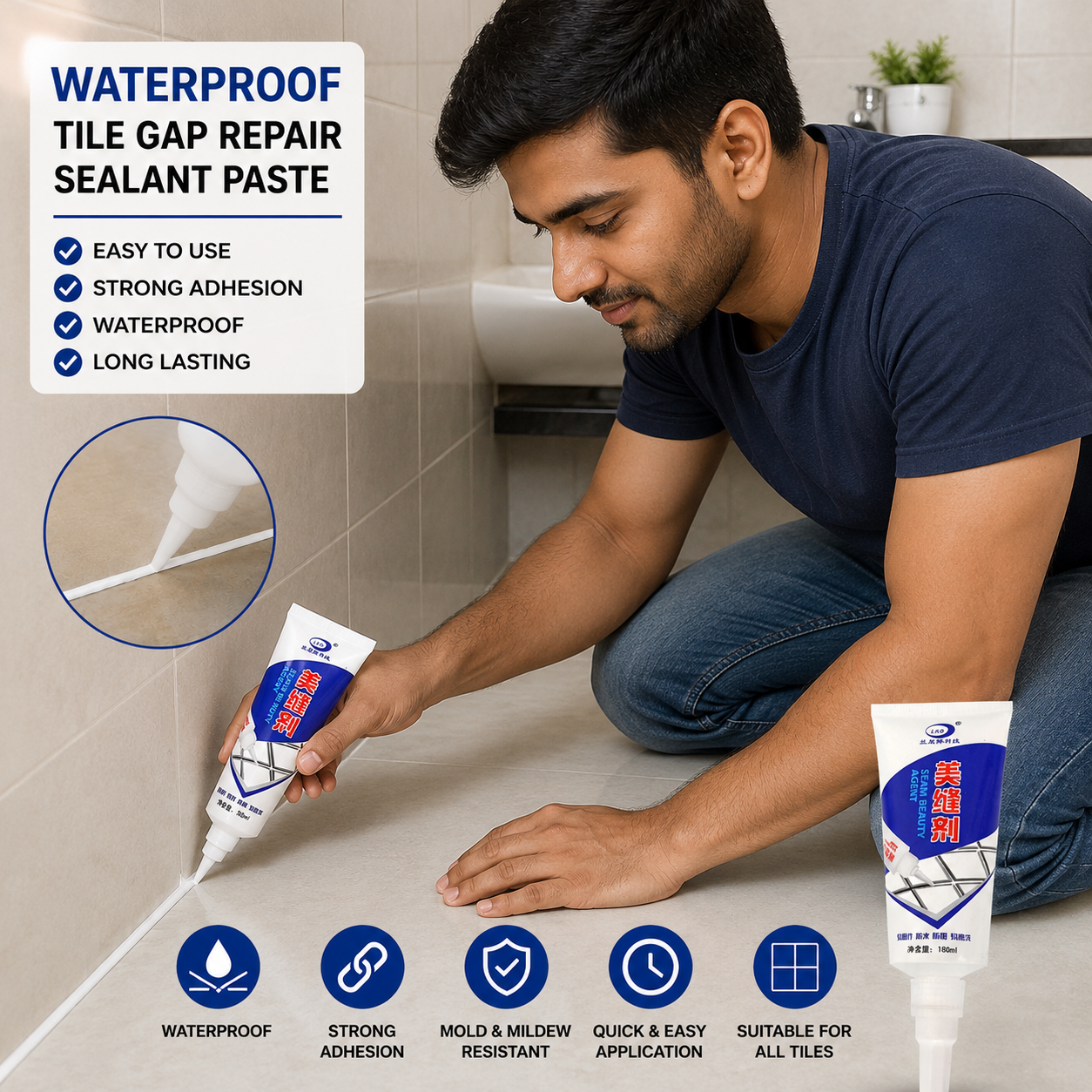 Waterproof Tile Gap Repair Sealant White Grout Filler Paste for Bathroom, Kitchen, Sink & Floor Tiles (180ml):f