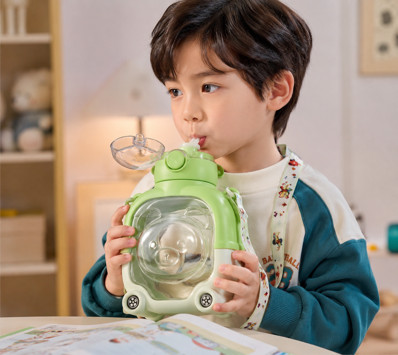 Cute Panda Trolley Water Bottle for Kids 1000ml – BPA-Free Leakproof Sipper Bottle with Adjustable Shoulder Strap, Large Capacity School & Travel Bottle for Boys & Girls :f