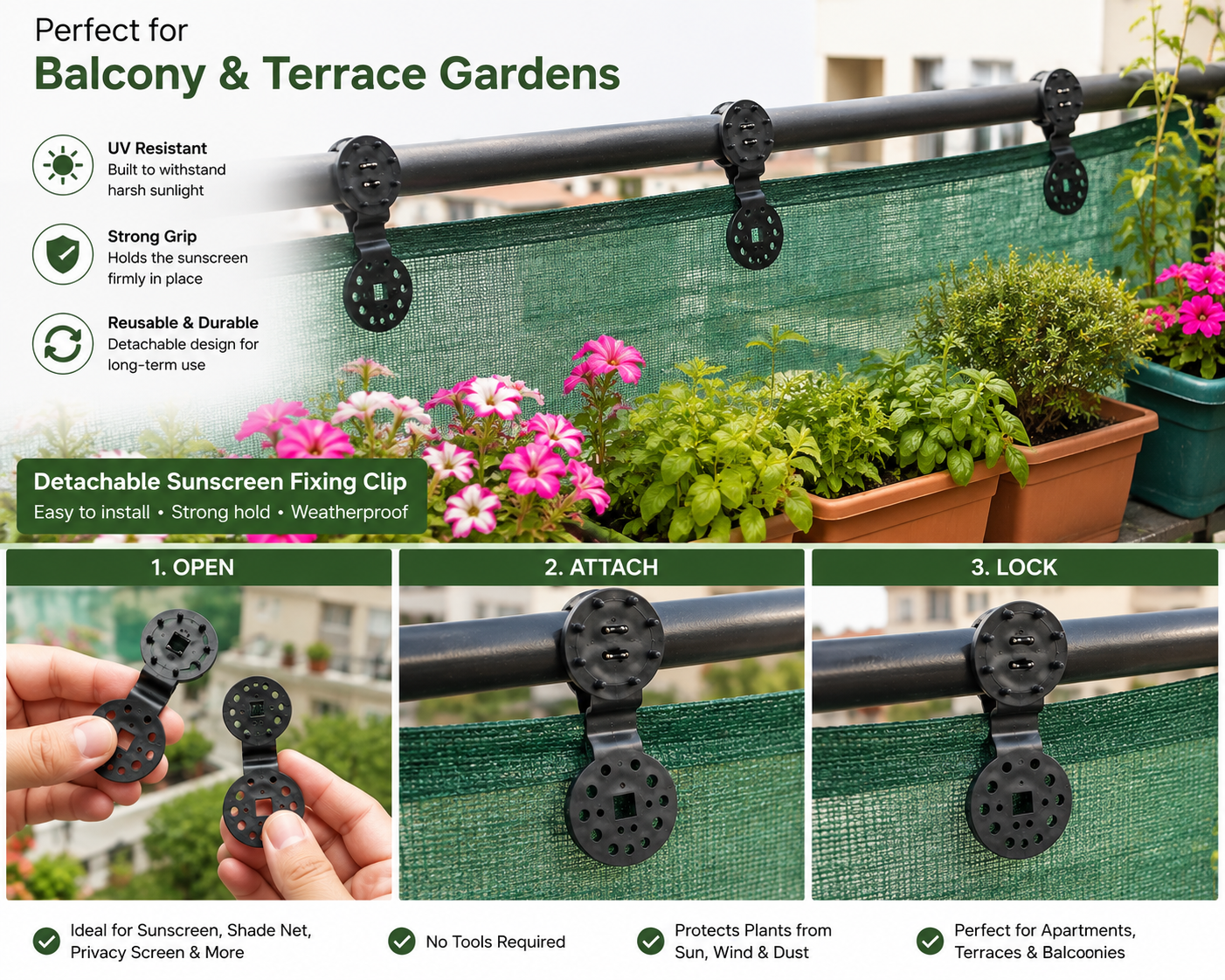 Multipurpose UV Resistant Shade Net Clip Clamps – Reusable Plastic Locking Fasteners for Greenhouse, Garden, Orchard, Agriculture, Bird Net & Insect Mesh :f