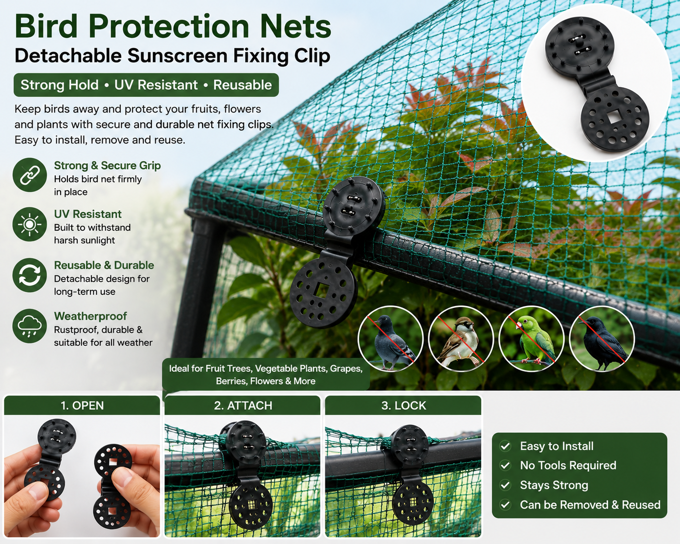 Multipurpose UV Resistant Shade Net Clip Clamps – Reusable Plastic Locking Fasteners for Greenhouse, Garden, Orchard, Agriculture, Bird Net & Insect Mesh :f