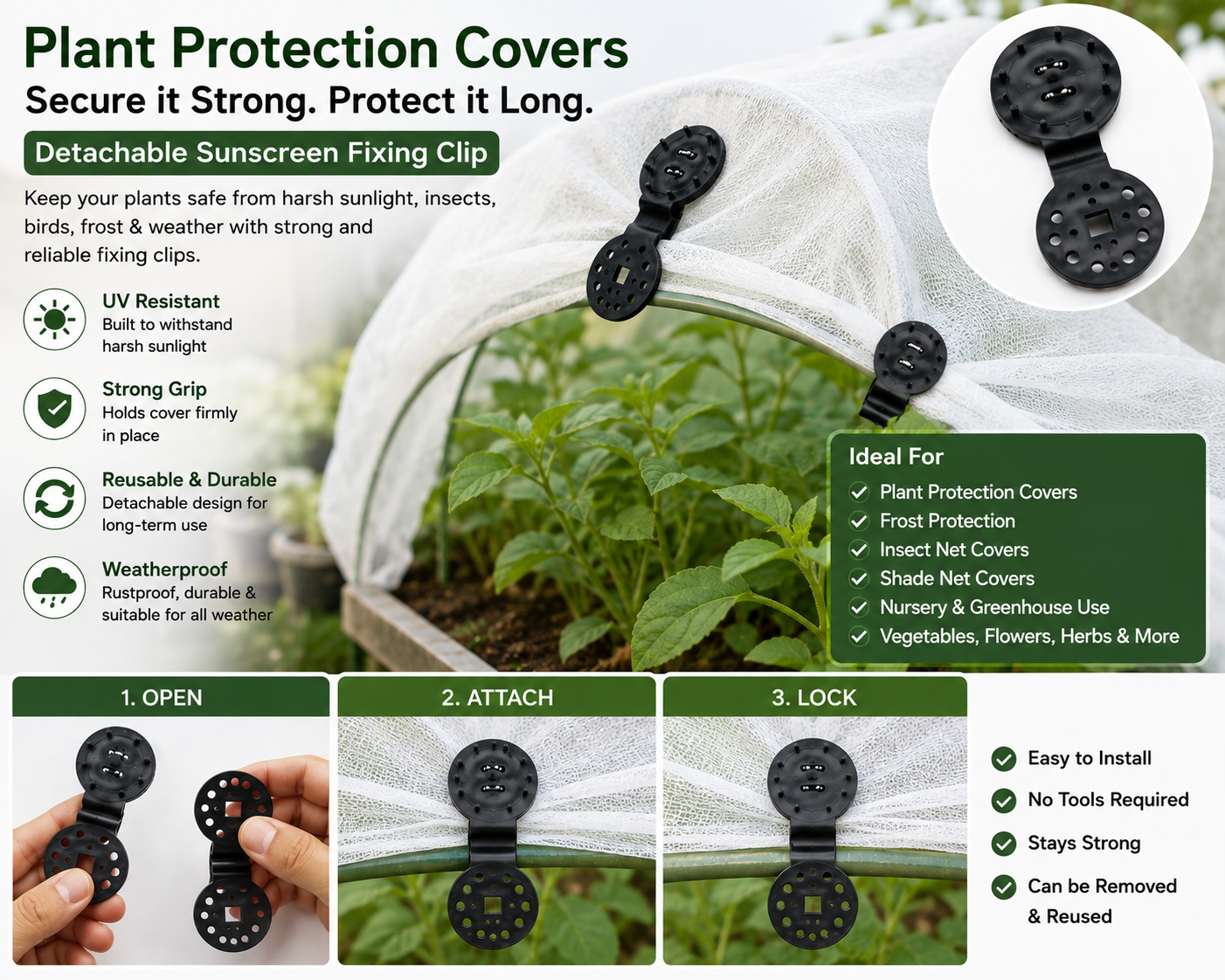 Multipurpose UV Resistant Shade Net Clip Clamps – Reusable Plastic Locking Fasteners for Greenhouse, Garden, Orchard, Agriculture, Bird Net & Insect Mesh :f