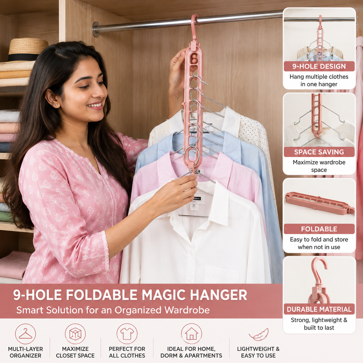 Magic Foldable Hanger | 9-Hole Multi-Layer Clothes Organizer for Wardrobe & Dorm :f