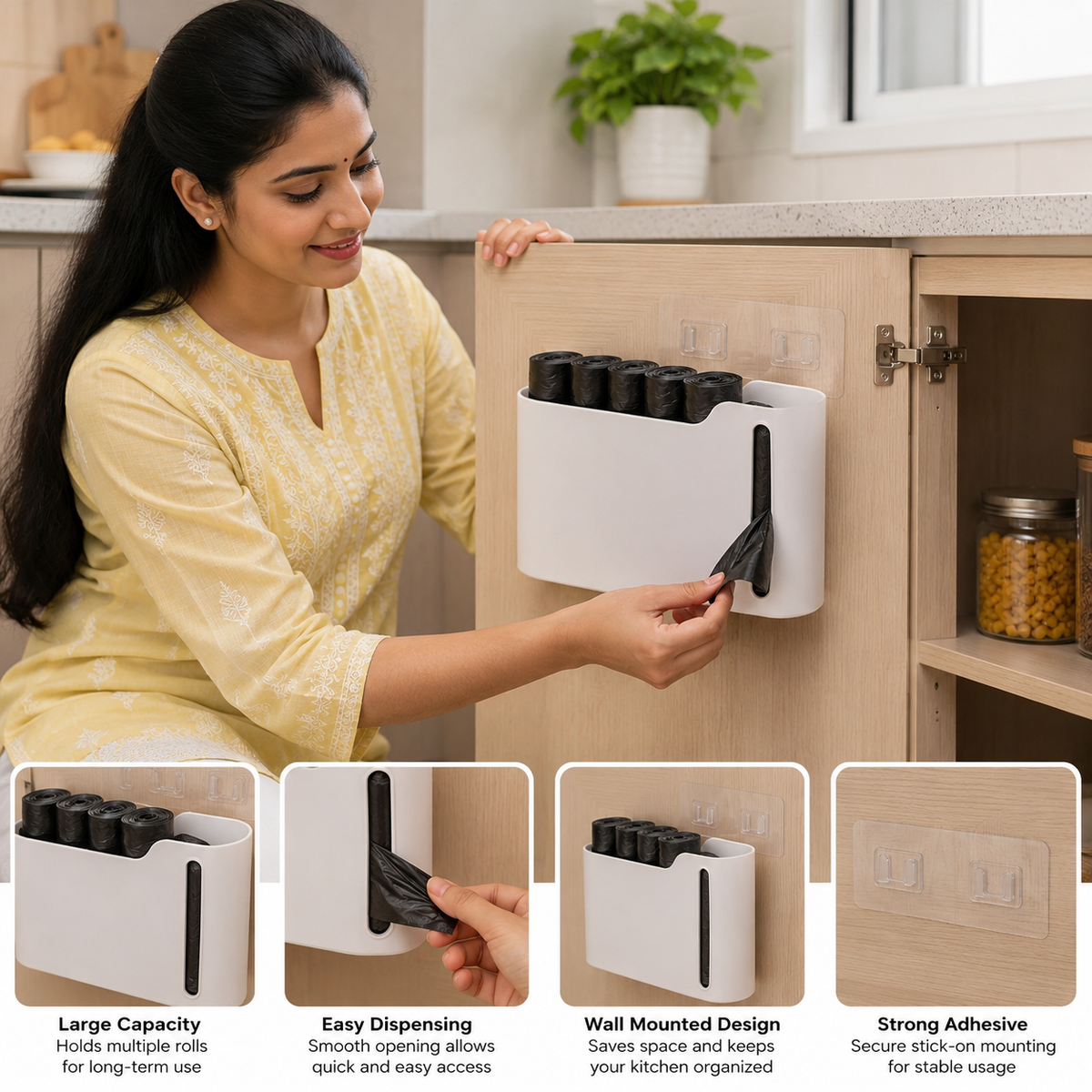 Wall Mounted Garbage Bag Holder & Dispenser | Kitchen Cabinet Trash Bag Organizer :f