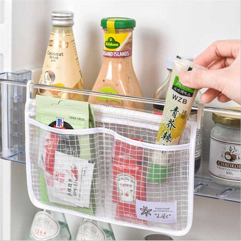 Hanging Mesh Storage Organizer – Multi-Compartment Refrigerator & Kitchen Storage Bag with Hooks; f