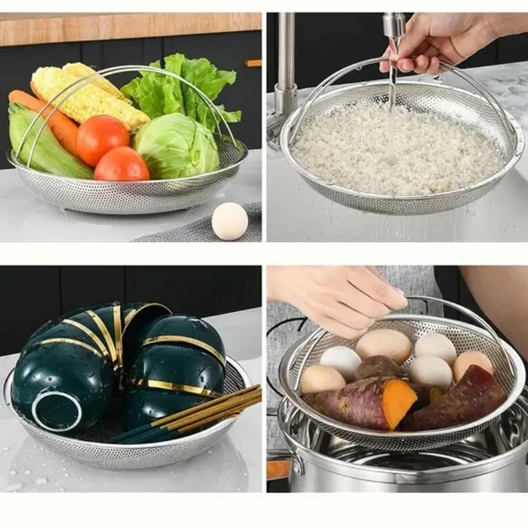 Multi-Purpose Stainless Steel Steaming & Draining Mesh Basket: f