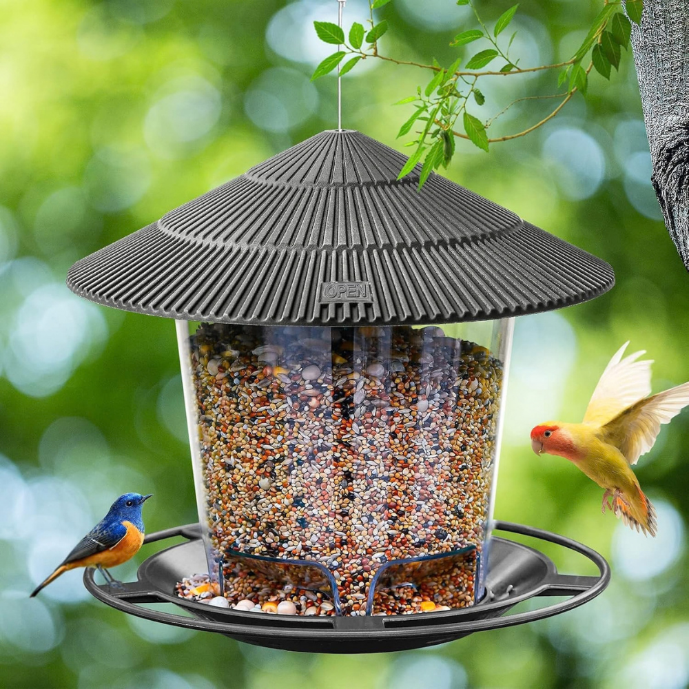 Weatherproof Hanging Bird Feeder – Outdoor Wild Bird Seed Dispenser with Rainproof Roof for Patio & Backyard :f