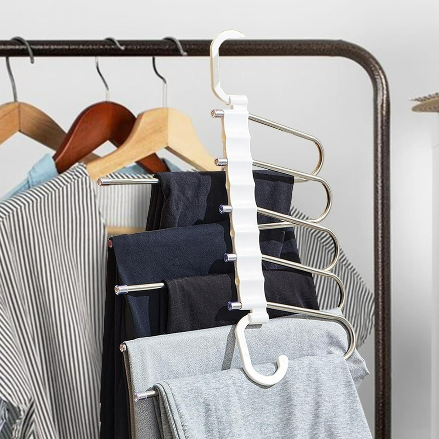 5-in-1 Foldable Steel Clothes Hanger –Space Saving Multi-Layer Organizer for Wardrobe; f