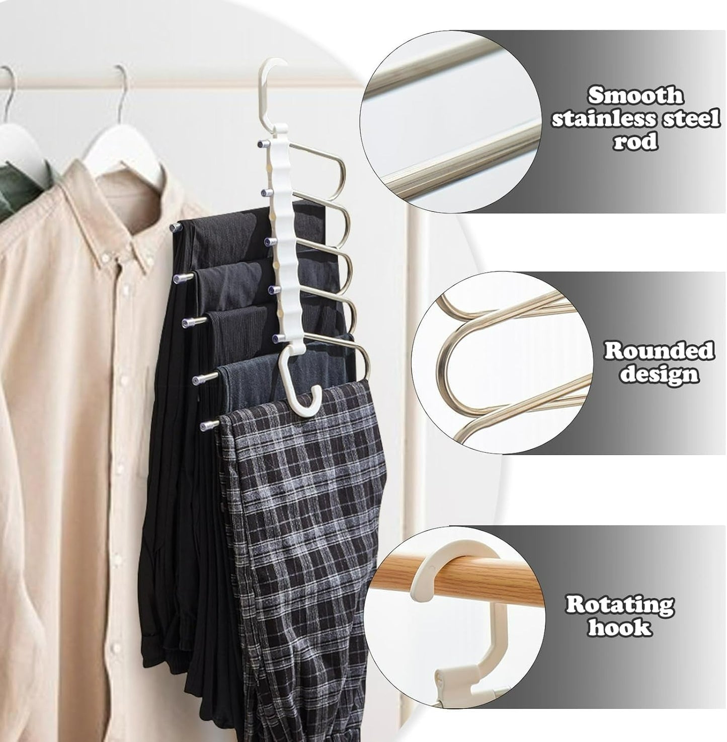 5-in-1 Foldable Steel Clothes Hanger –Space Saving Multi-Layer Organizer for Wardrobe; f