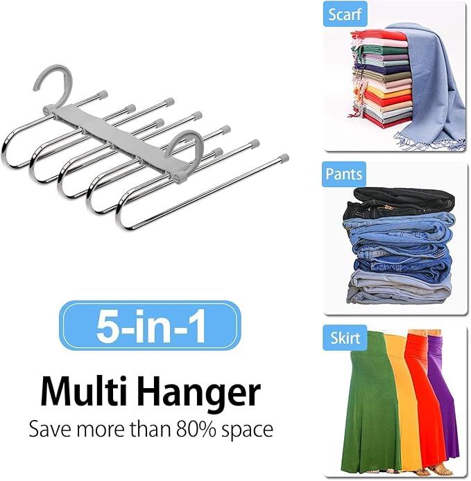 5-in-1 Foldable Steel Clothes Hanger –Space Saving Multi-Layer Organizer for Wardrobe; f
