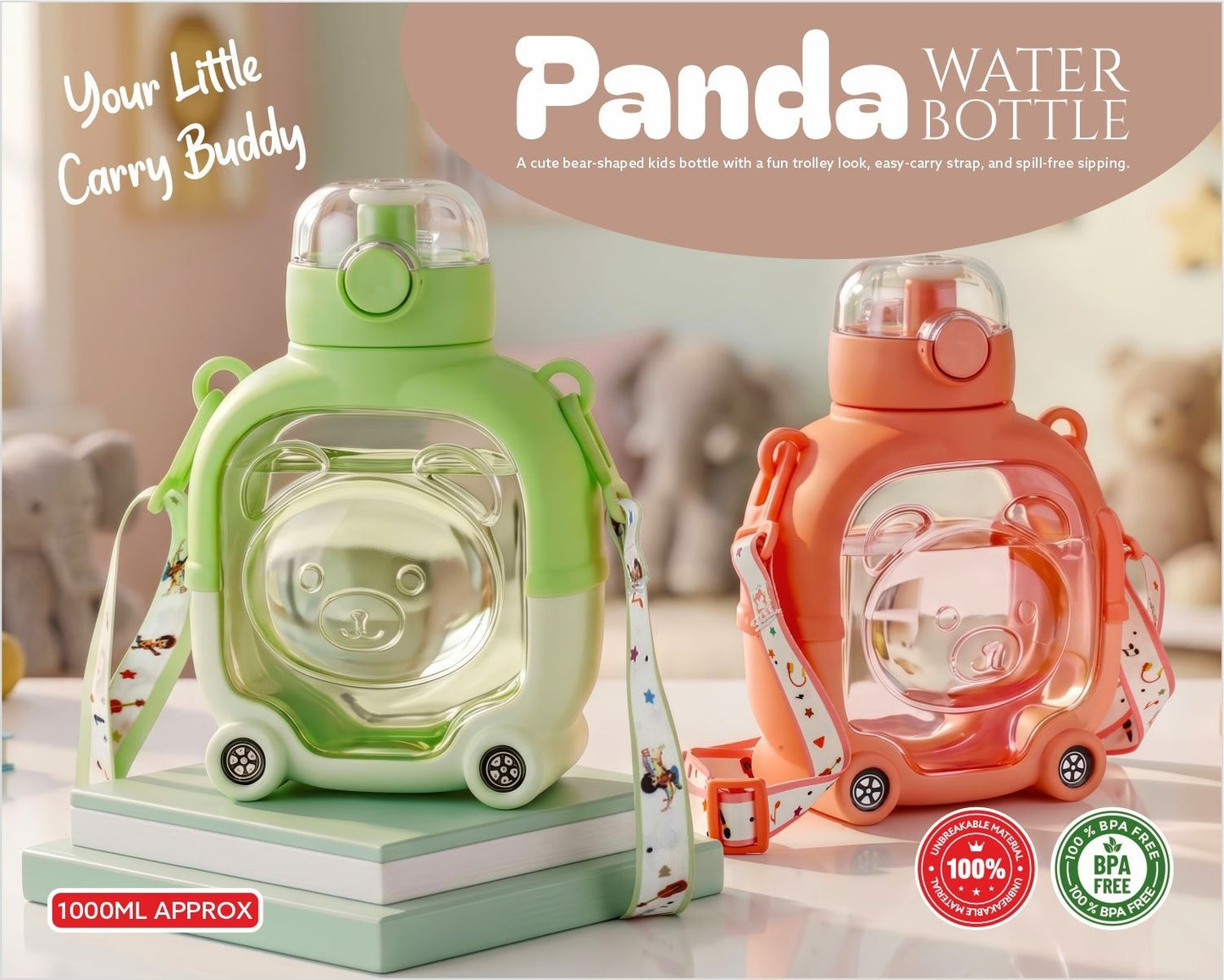 Cute Panda Trolley Water Bottle for Kids 1000ml – BPA-Free Leakproof Sipper Bottle with Adjustable Shoulder Strap, Large Capacity School & Travel Bottle for Boys & Girls :f