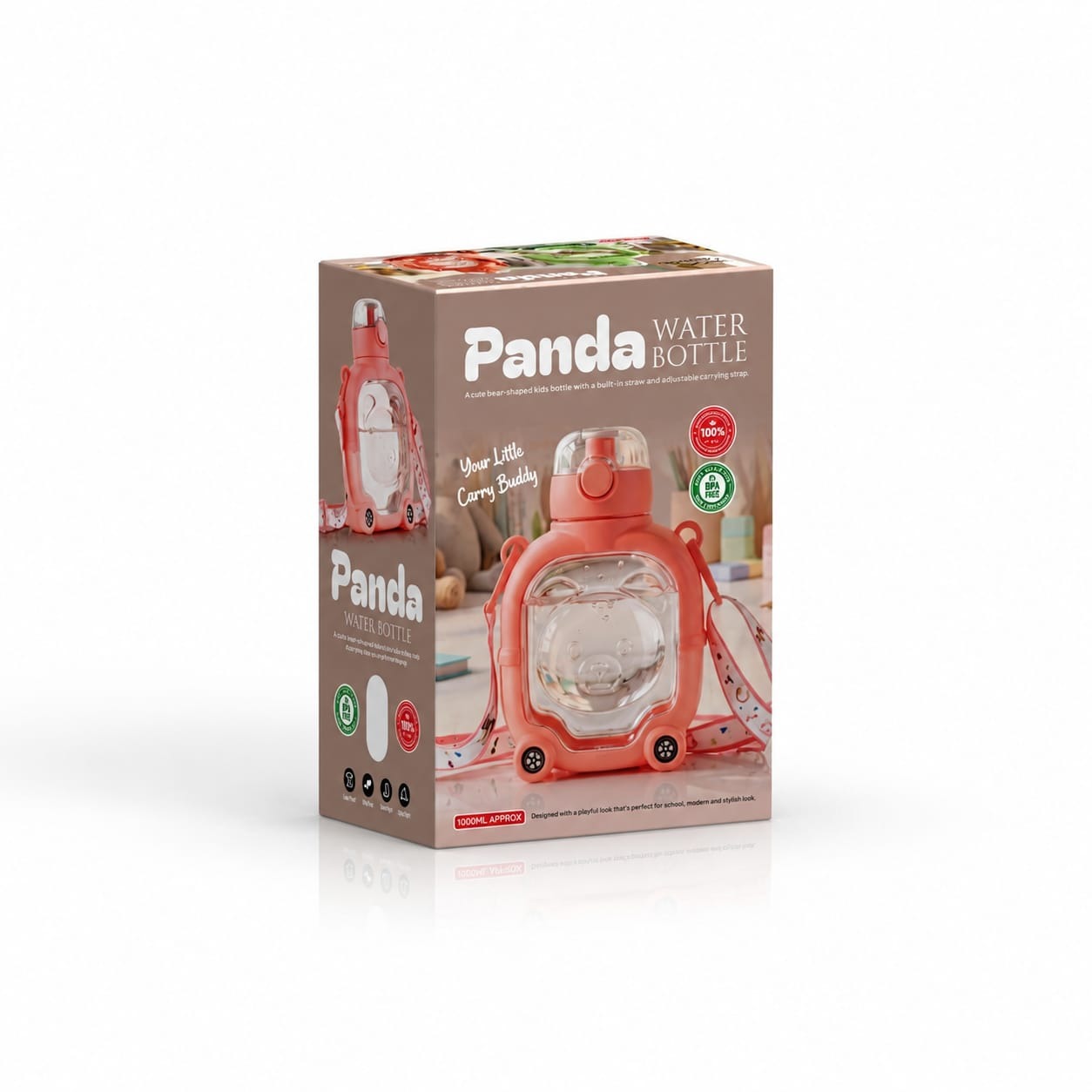 Cute Panda Trolley Water Bottle for Kids 1000ml – BPA-Free Leakproof Sipper Bottle with Adjustable Shoulder Strap, Large Capacity School & Travel Bottle for Boys & Girls :f