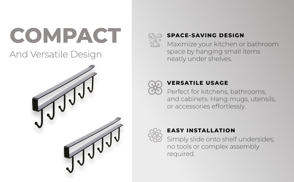 Under-Shelf 6-Hook Mug & Cup Holder Rack (pack of 2)– Space-Saving Kitchen Cabinet Organizer,g