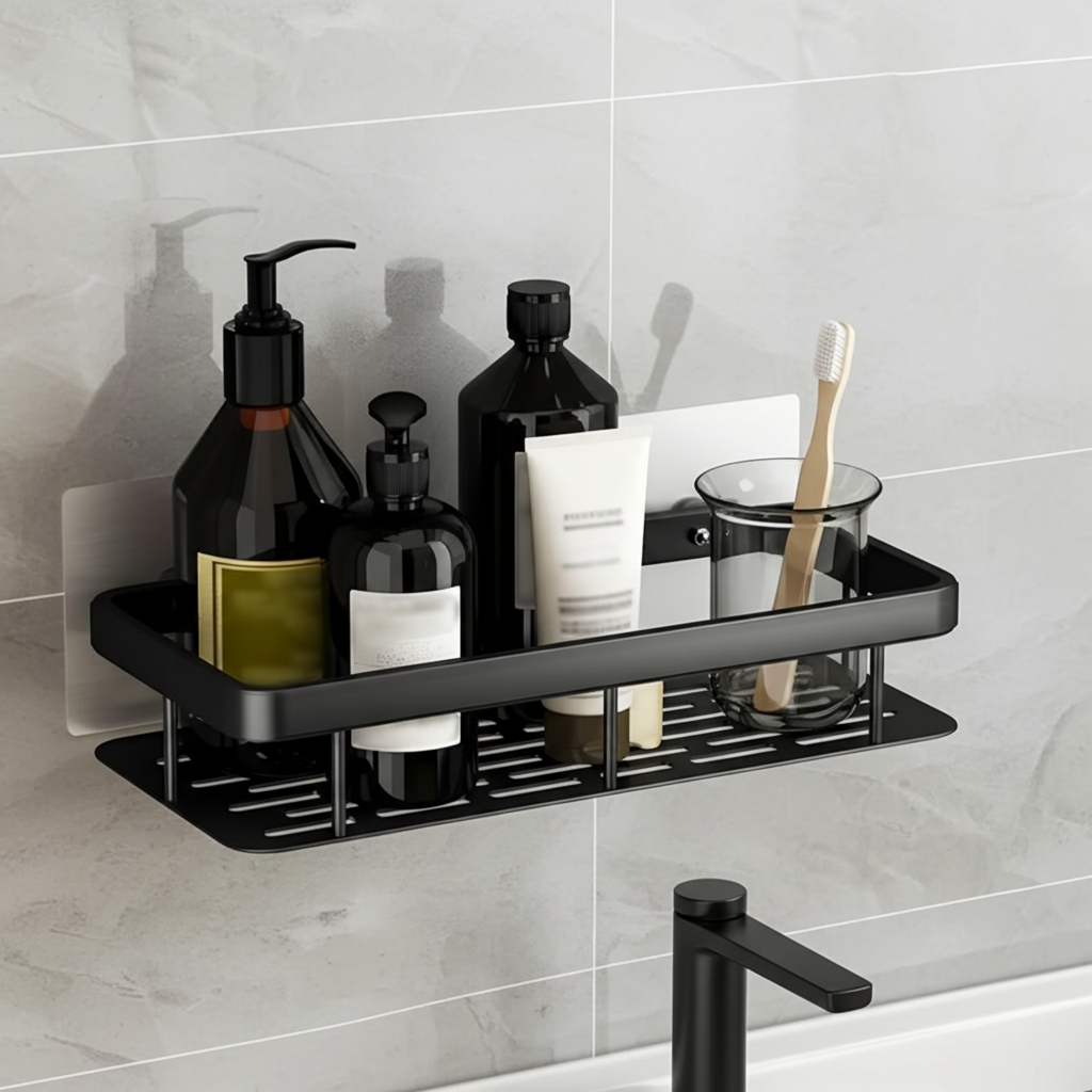 Premium Metal Home & Bathroom Wall Shelf Organiser, Black. -f