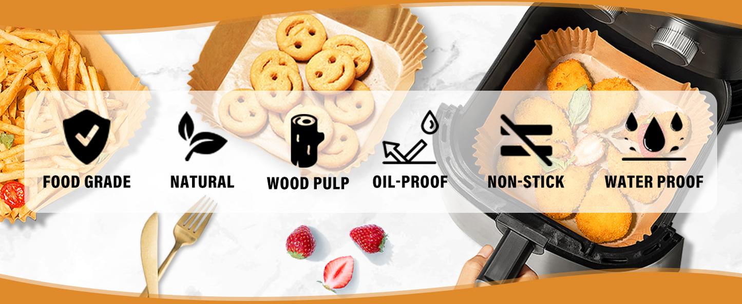 Air Fryer & Oven Paper Liners (100 Pcs) Food grade – Oil-Proof Disposable Parchment Sheets; f