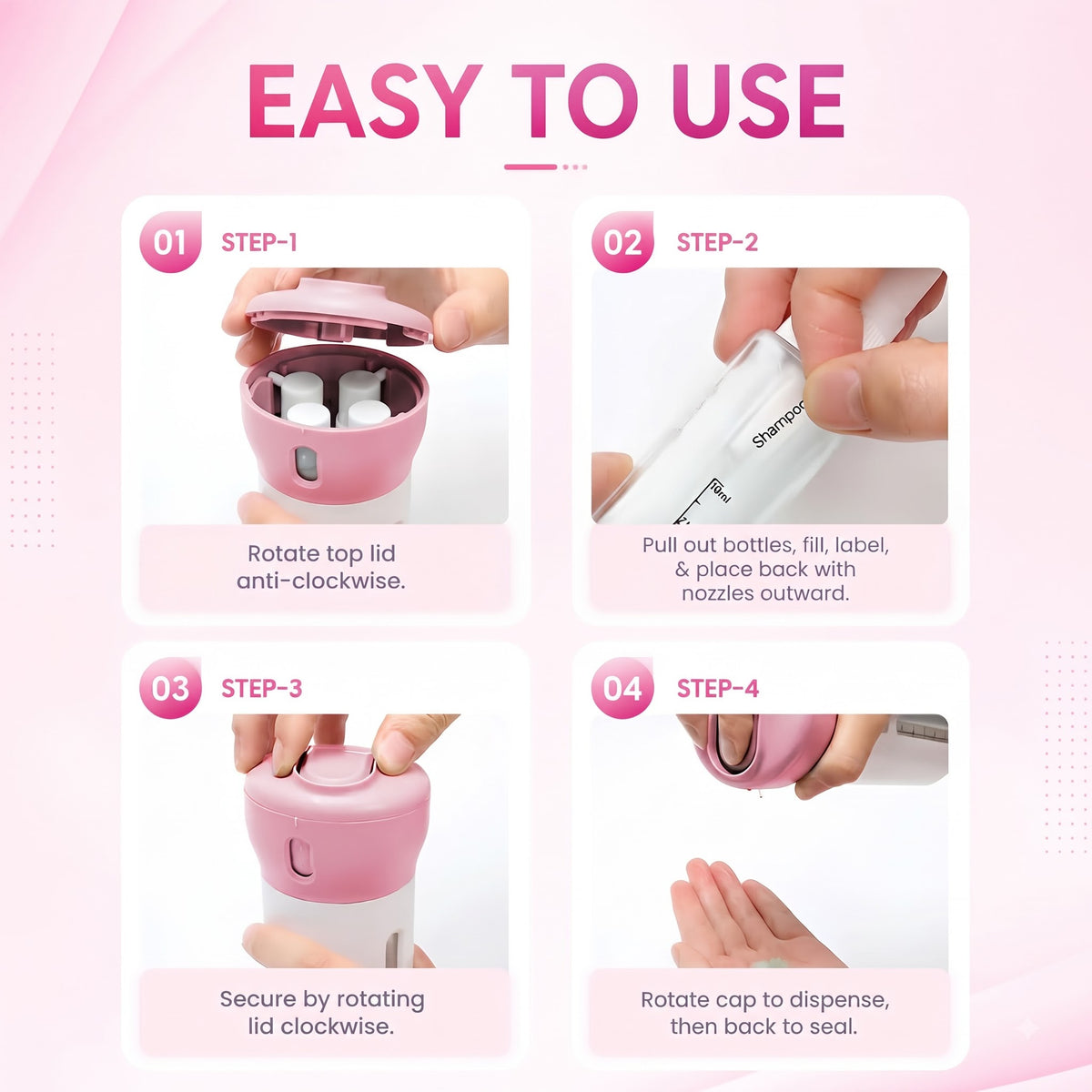4 in 1 Travel Dispenser Bottle Set | Leak Proof Refillable Toiletries Container for Shampoo, Lotion & Cream : f