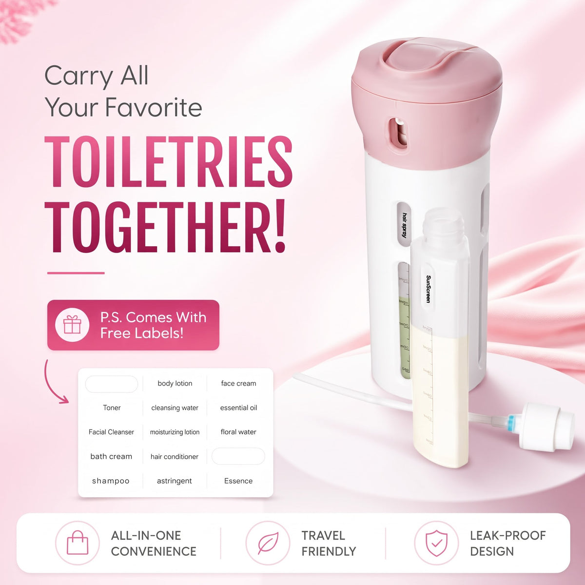 4 in 1 Travel Dispenser Bottle Set | Leak Proof Refillable Toiletries Container for Shampoo, Lotion & Cream : f
