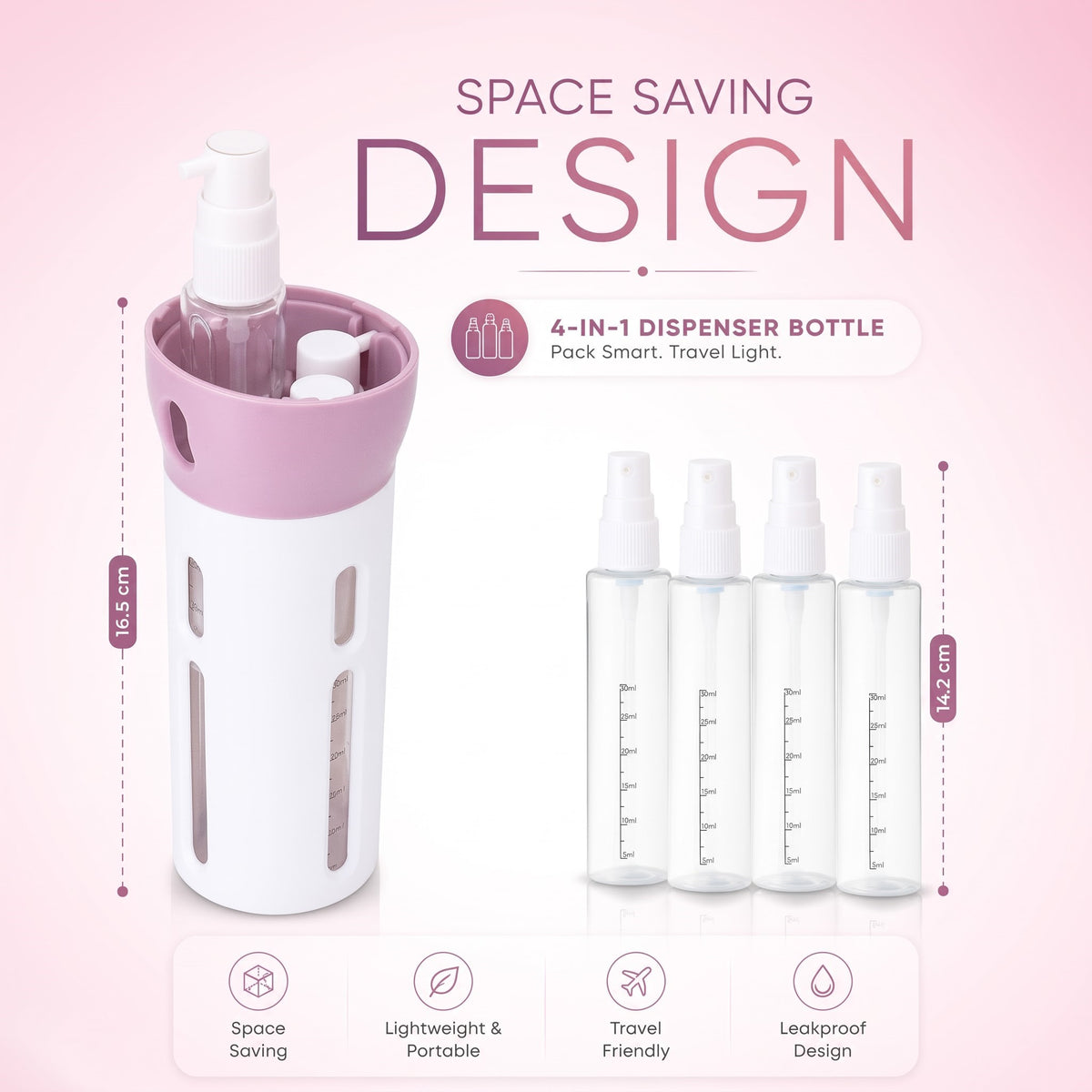4 in 1 Travel Dispenser Bottle Set | Leak Proof Refillable Toiletries Container for Shampoo, Lotion & Cream : f