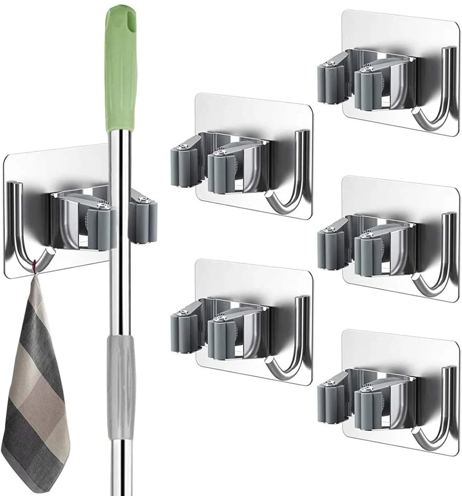 Self-Adhesive Mop and Broom Hanger – Stainless Steel Cleaning Accessories Organizer :f
